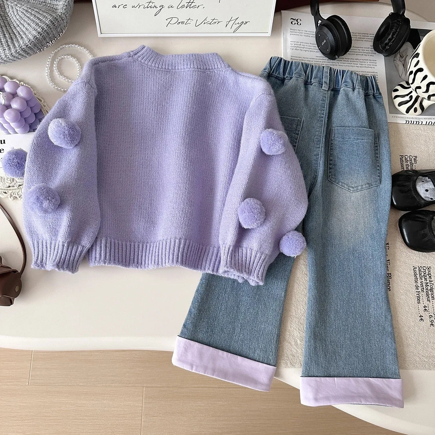 Girls Purple Sweater With Jeans 2 Pcs Set