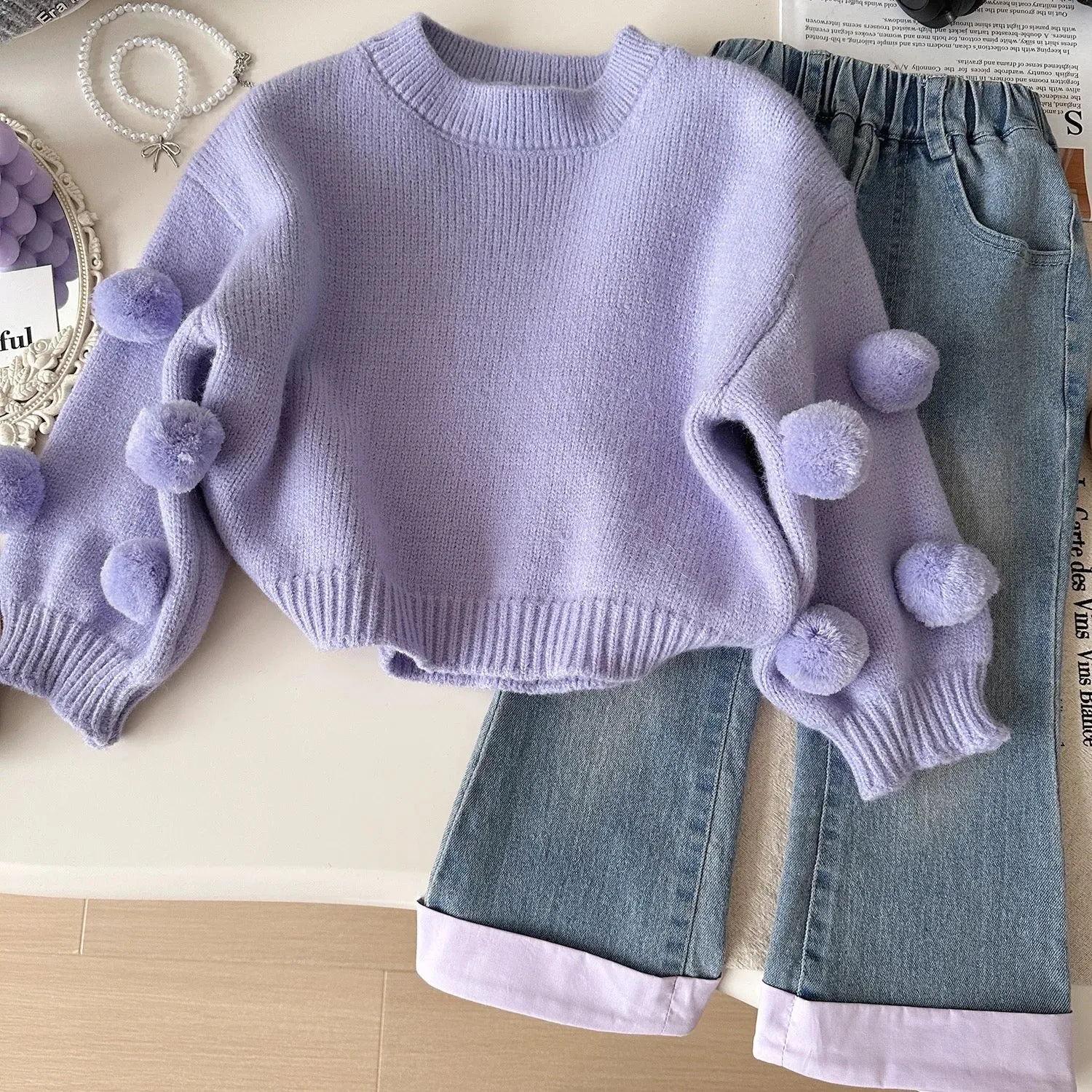 Girls Purple Sweater With Jeans 2 Pcs Set