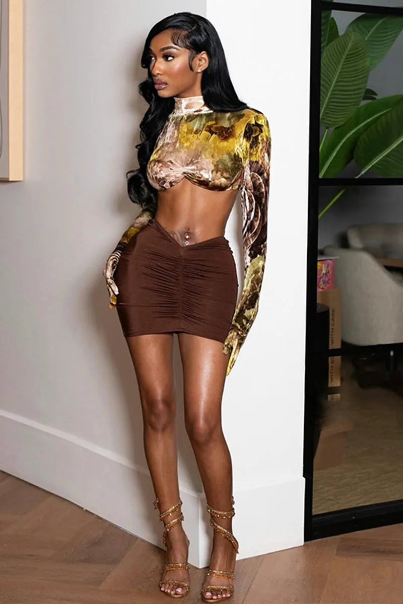 Gloved Long Sleeve Top And Ruched Mini Skirt