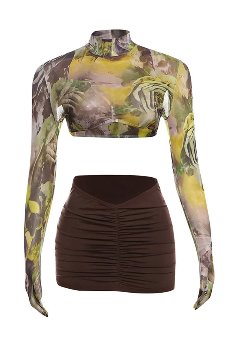 Gloved Long Sleeve Top And Ruched Mini Skirt