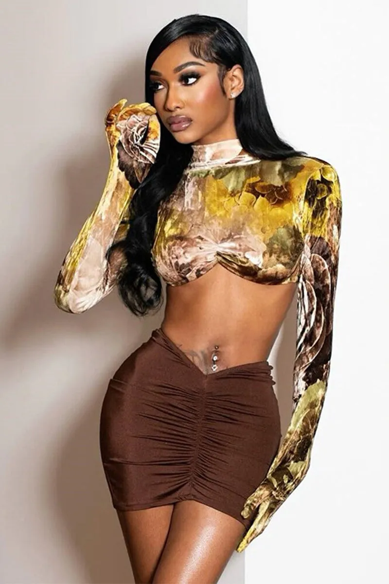Gloved Long Sleeve Top And Ruched Mini Skirt