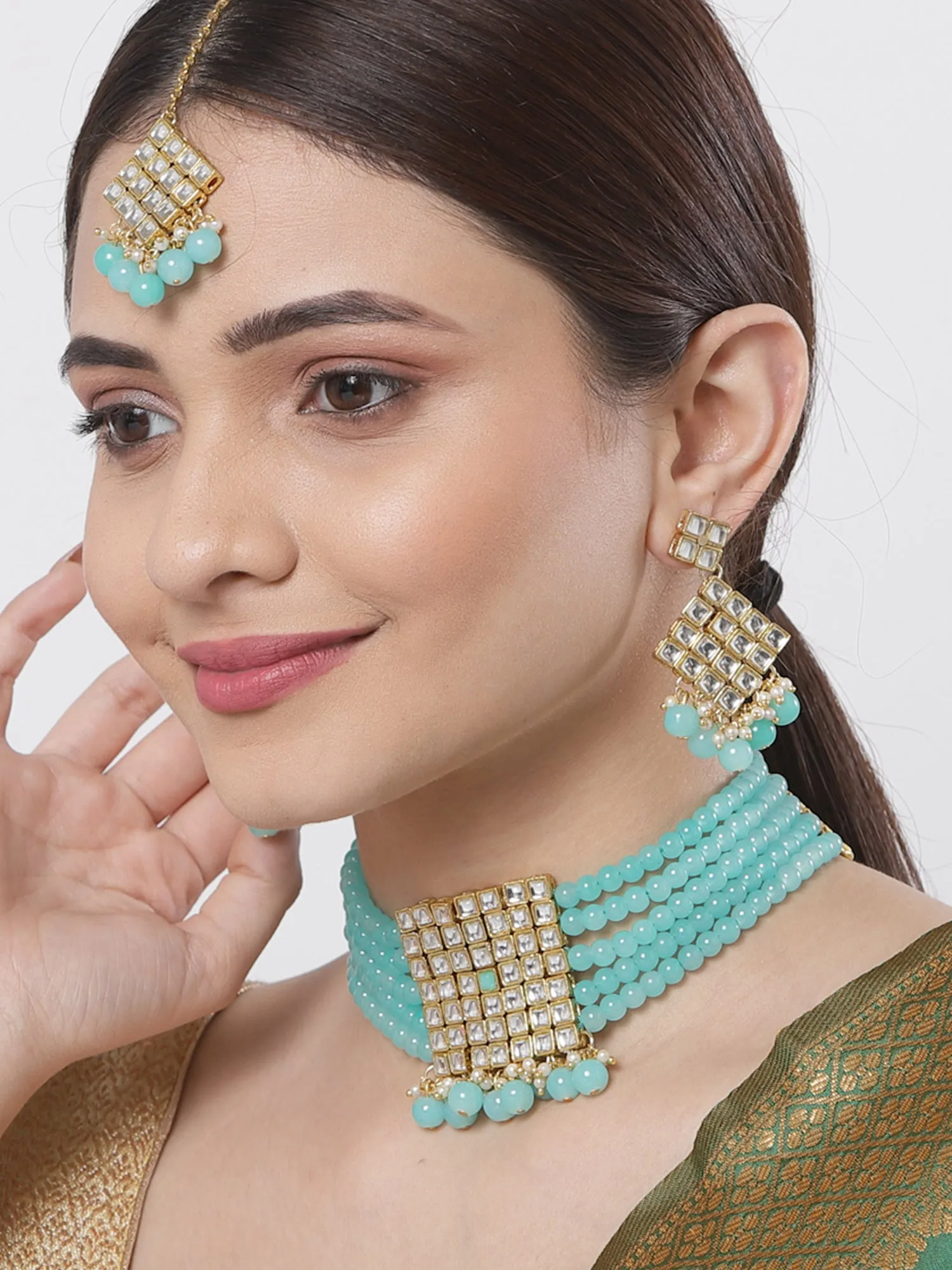 Gold-Plated Embellished Kundan and Sky Blue Beads Handcrafted Choker Necklace Set