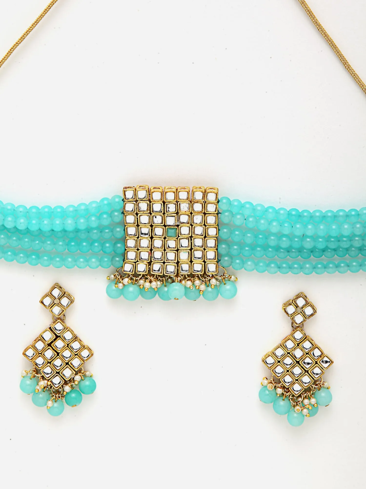 Gold-Plated Embellished Kundan and Sky Blue Beads Handcrafted Choker Necklace Set