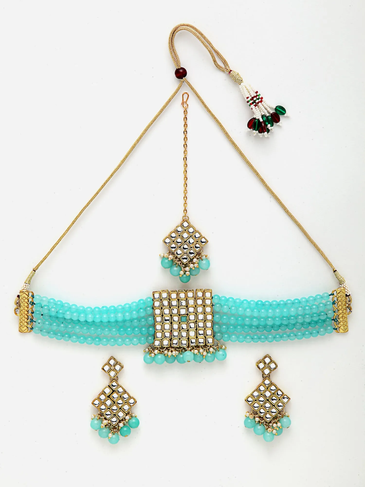 Gold-Plated Embellished Kundan and Sky Blue Beads Handcrafted Choker Necklace Set