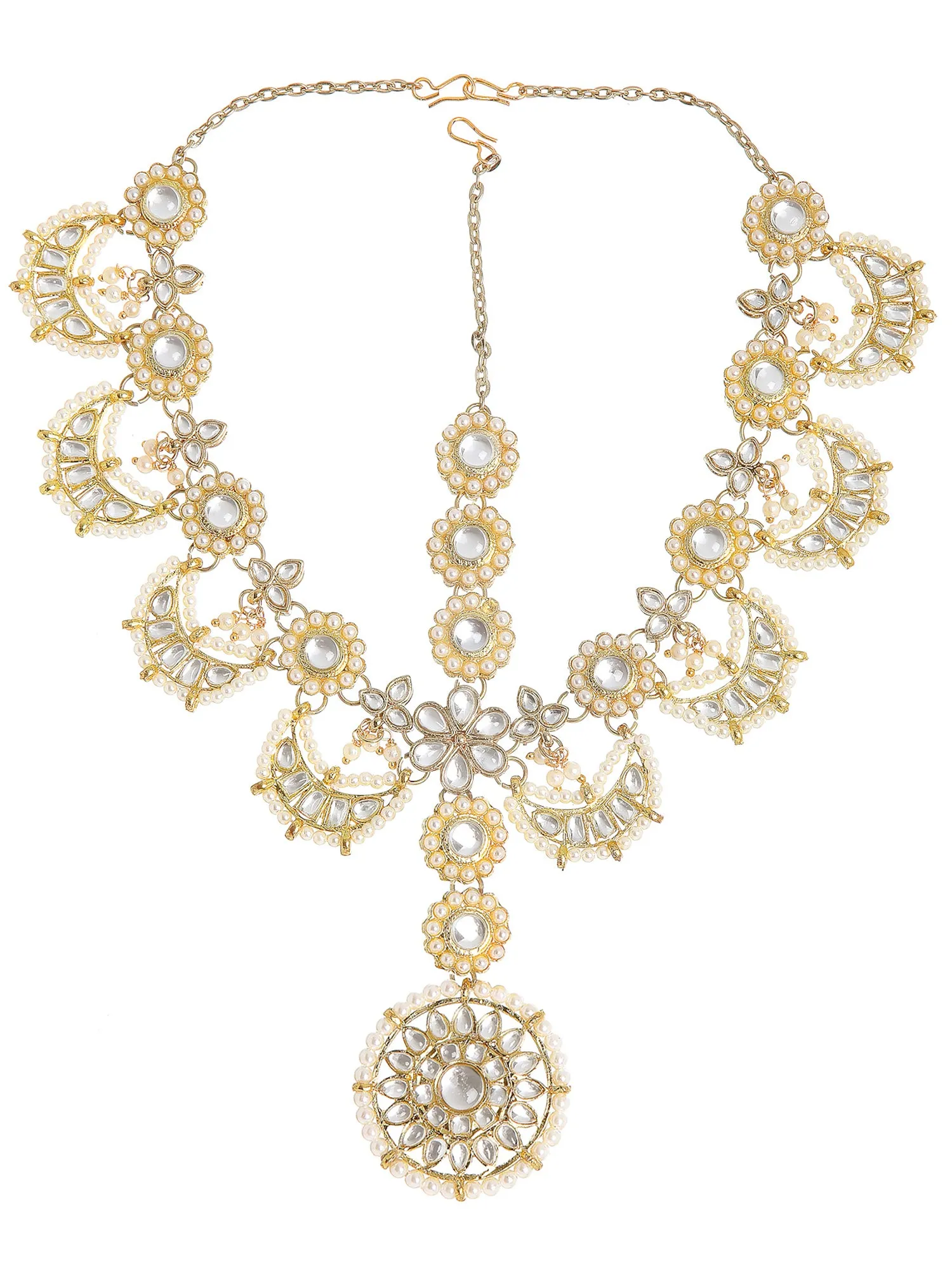 Gold Plated Handcrafted Floral Shaped Kundan and Pearl Studded Sheeshphool