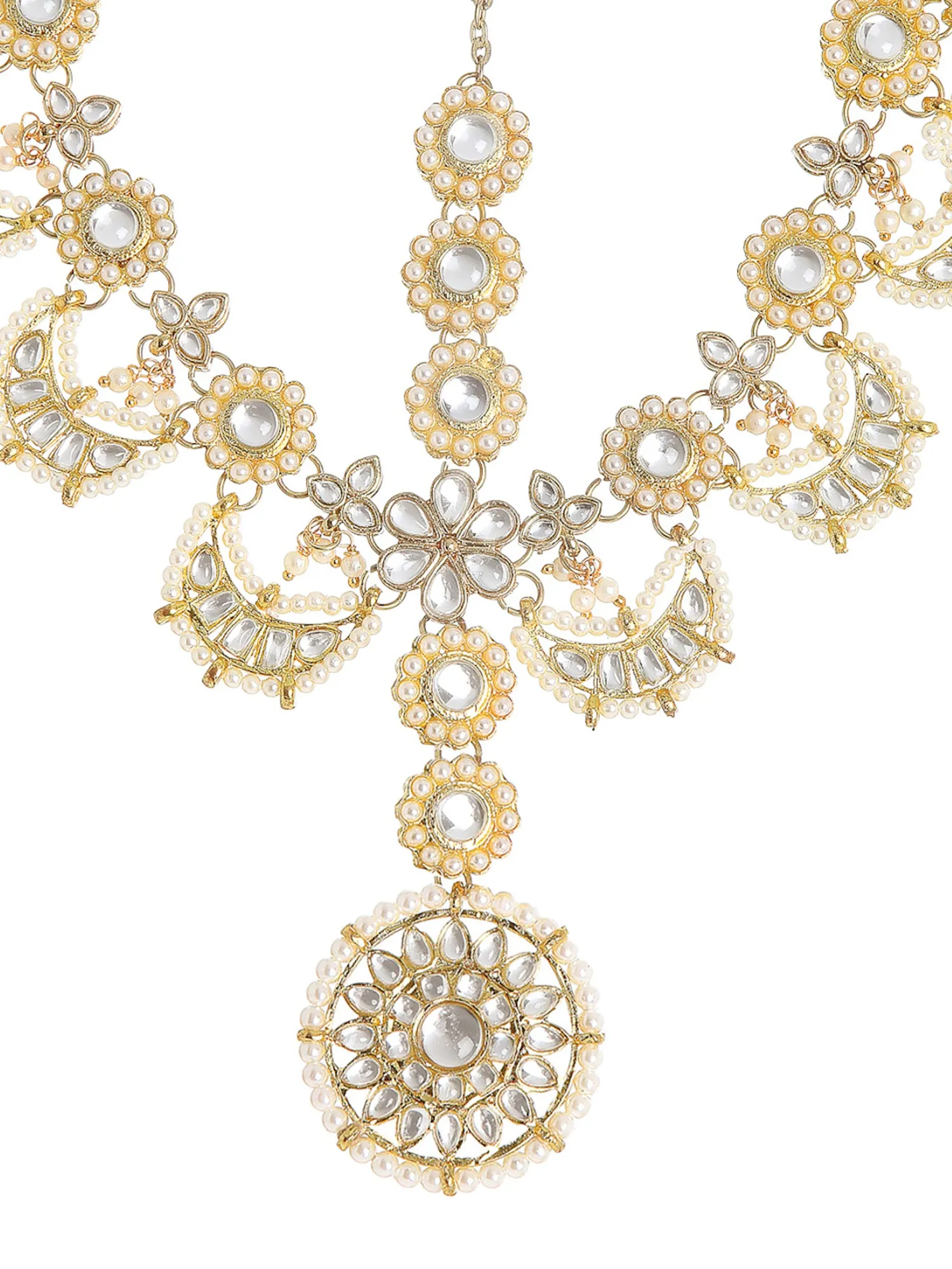 Gold Plated Handcrafted Floral Shaped Kundan and Pearl Studded Sheeshphool