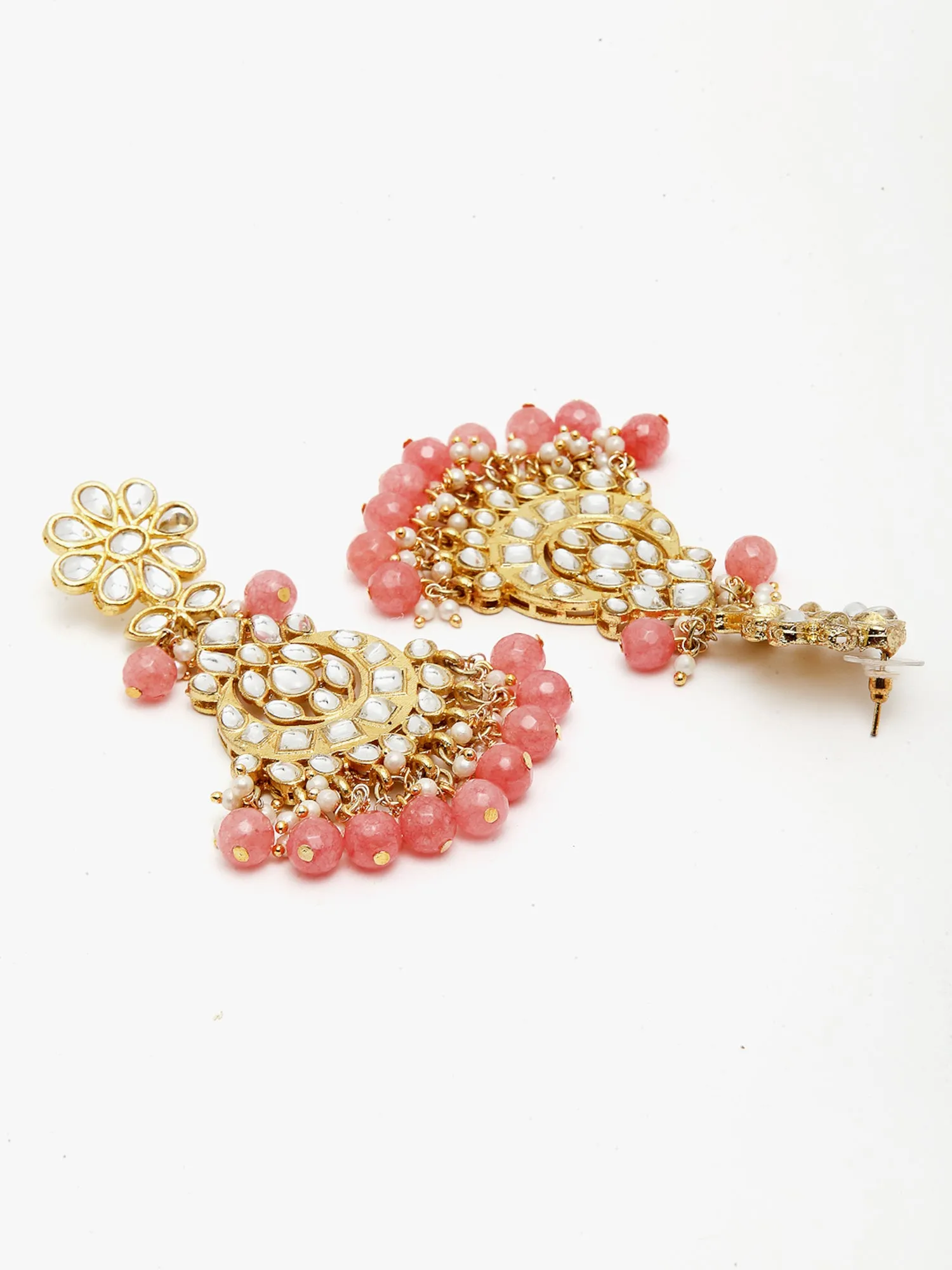 Gold-Plated Peach Beads Studded Handcrafted Kundan Bridal Jewellery Set