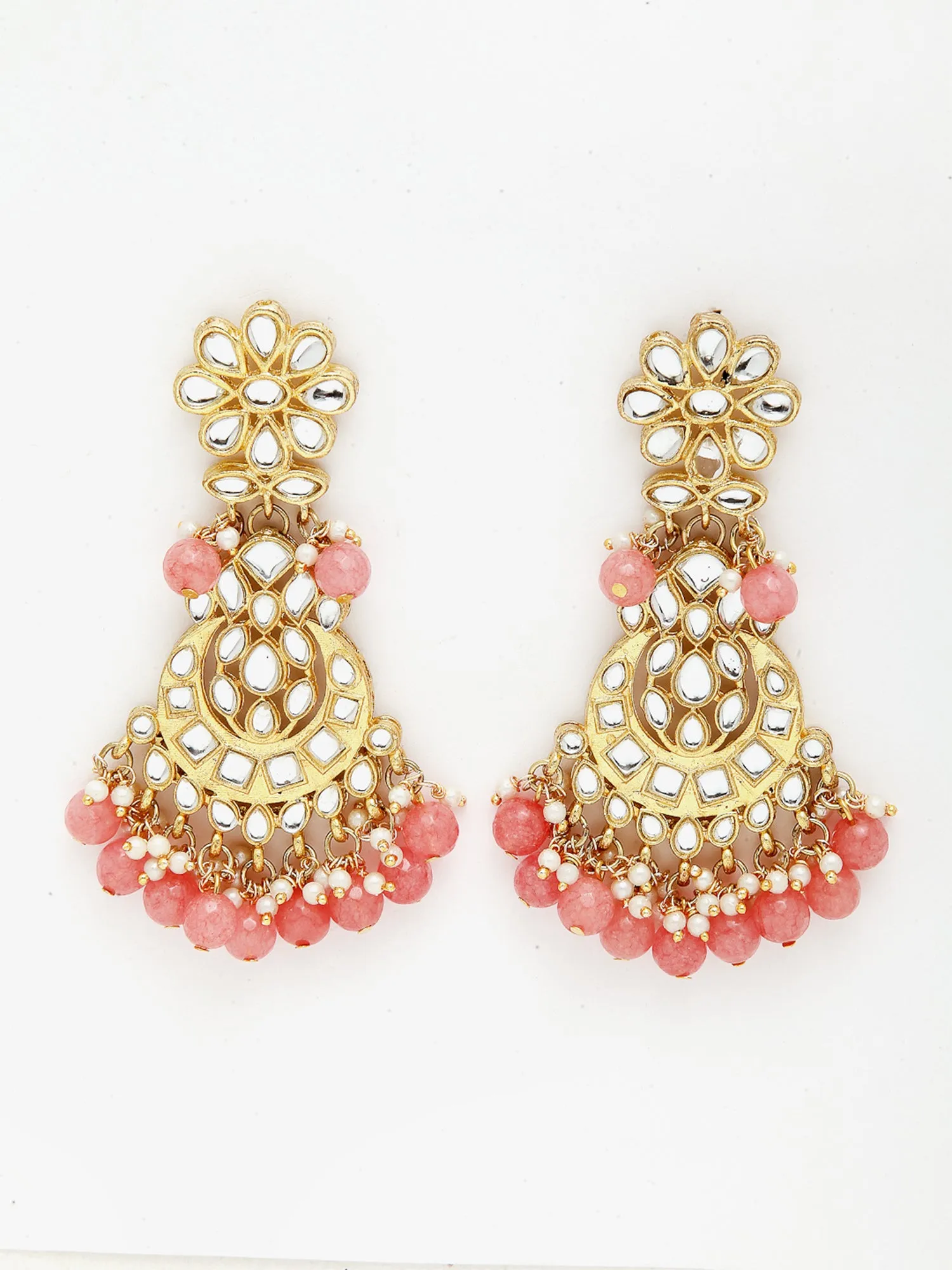 Gold-Plated Peach Beads Studded Handcrafted Kundan Bridal Jewellery Set