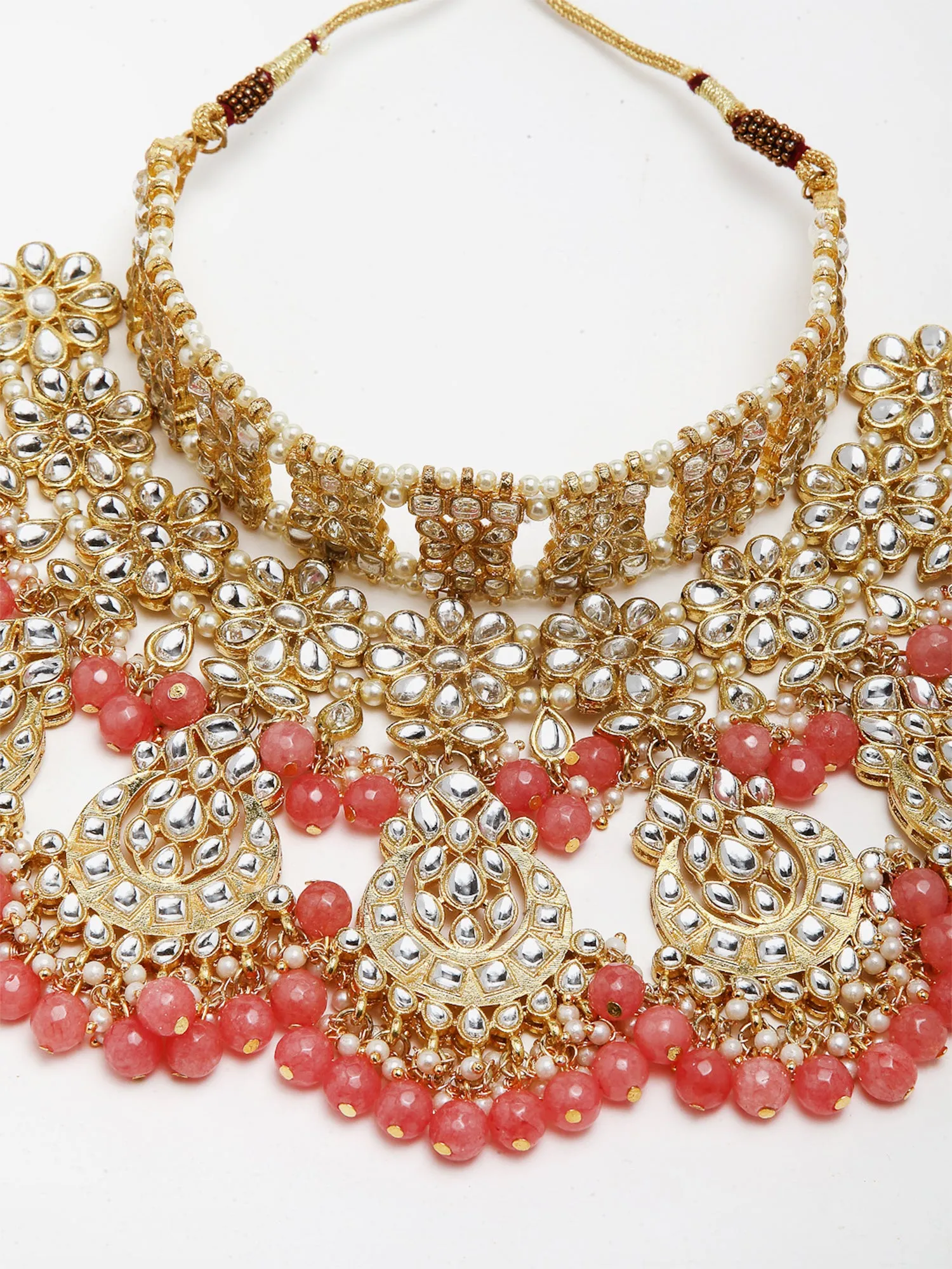Gold-Plated Peach Beads Studded Handcrafted Kundan Bridal Jewellery Set