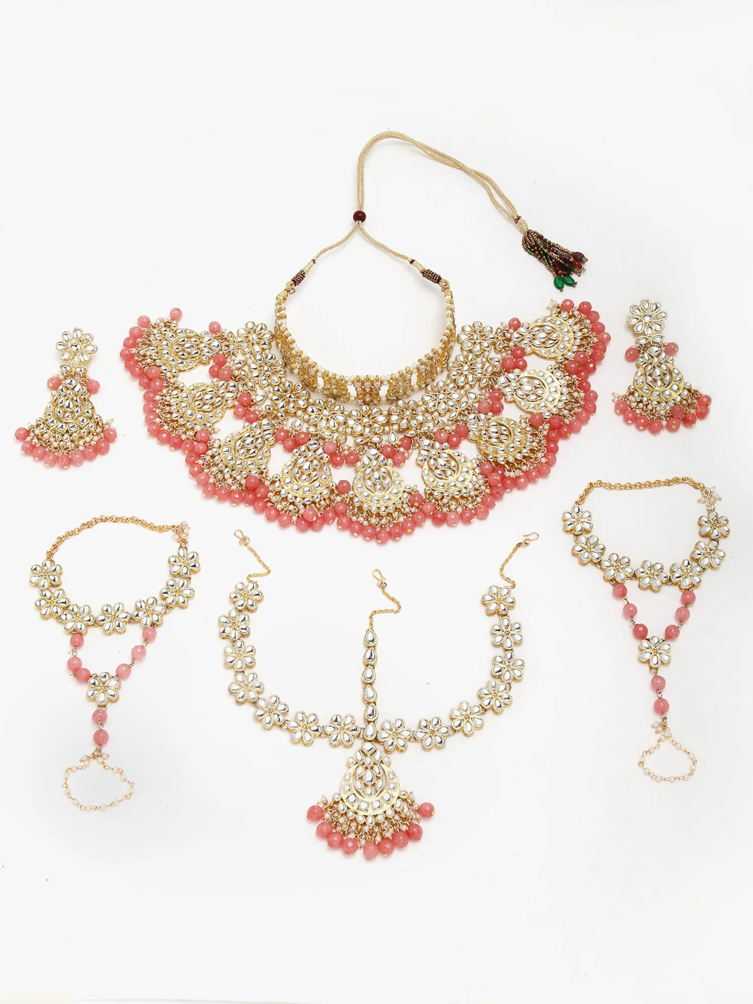 Gold-Plated Peach Beads Studded Handcrafted Kundan Bridal Jewellery Set