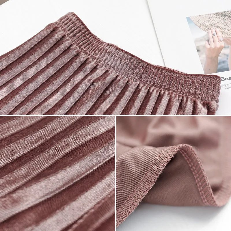 Gold Skirt Women Pleated A-Line High Waist Mid-Length Slim Look Elegant Flare Skirt