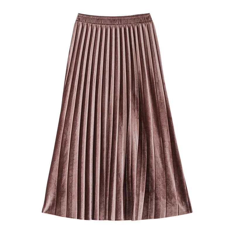 Gold Skirt Women Pleated A-Line High Waist Mid-Length Slim Look Elegant Flare Skirt