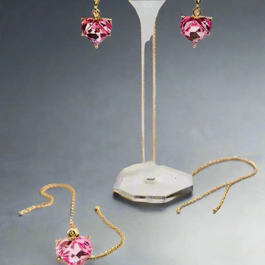 Handcrafted pink jewelry set, Necklace with heart shape pink pendant and  Earrings