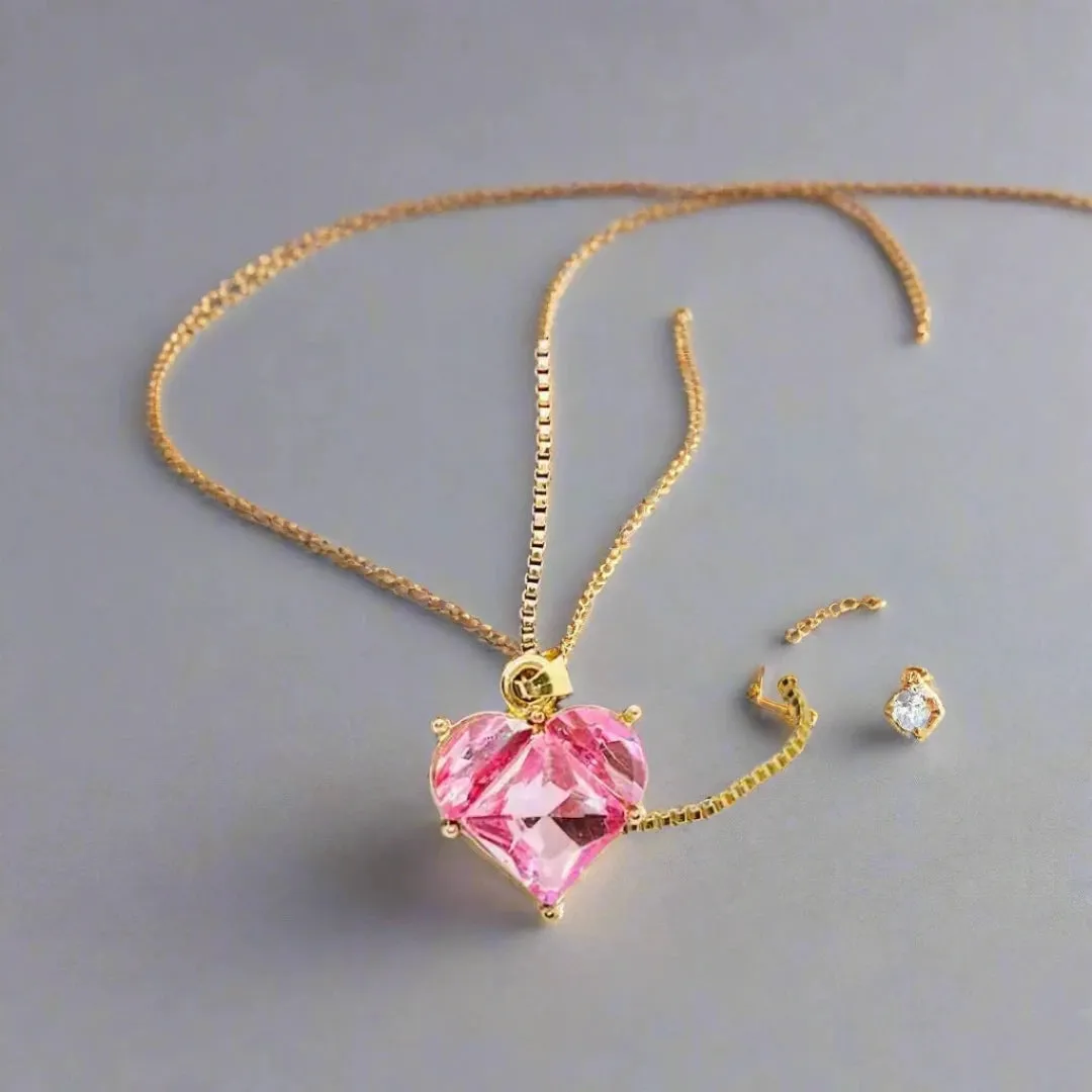 Handcrafted pink jewelry set, Necklace with heart shape pink pendant and  Earrings