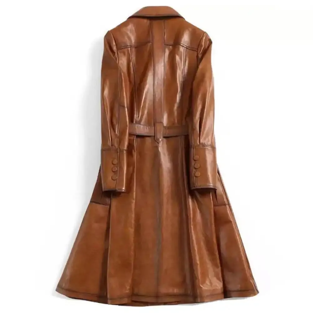Italian Style Womens Winter Wax Tan Leather Trench Coat