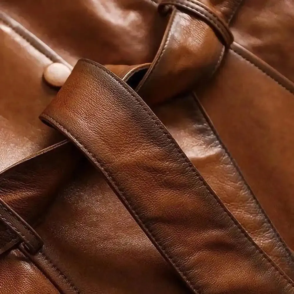 Italian Style Womens Winter Wax Tan Leather Trench Coat