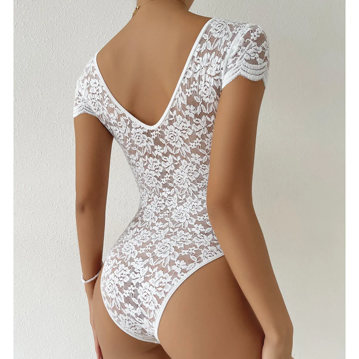 Lace Floral Sheer Deep V-Neck Backless Unique Design Long Sleeve Black Bodysuit