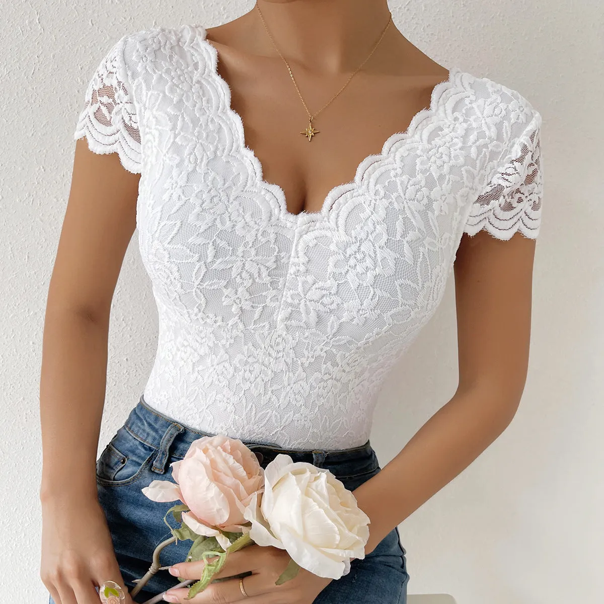 Lace Floral Sheer Deep V-Neck Backless Unique Design Long Sleeve Black Bodysuit