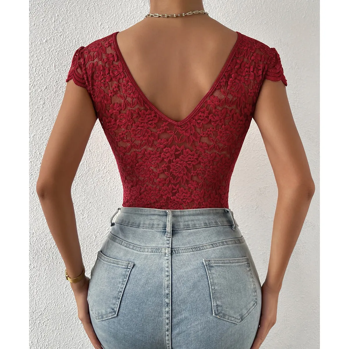 Lace Floral Sheer Deep V-Neck Backless Unique Design Long Sleeve Black Bodysuit