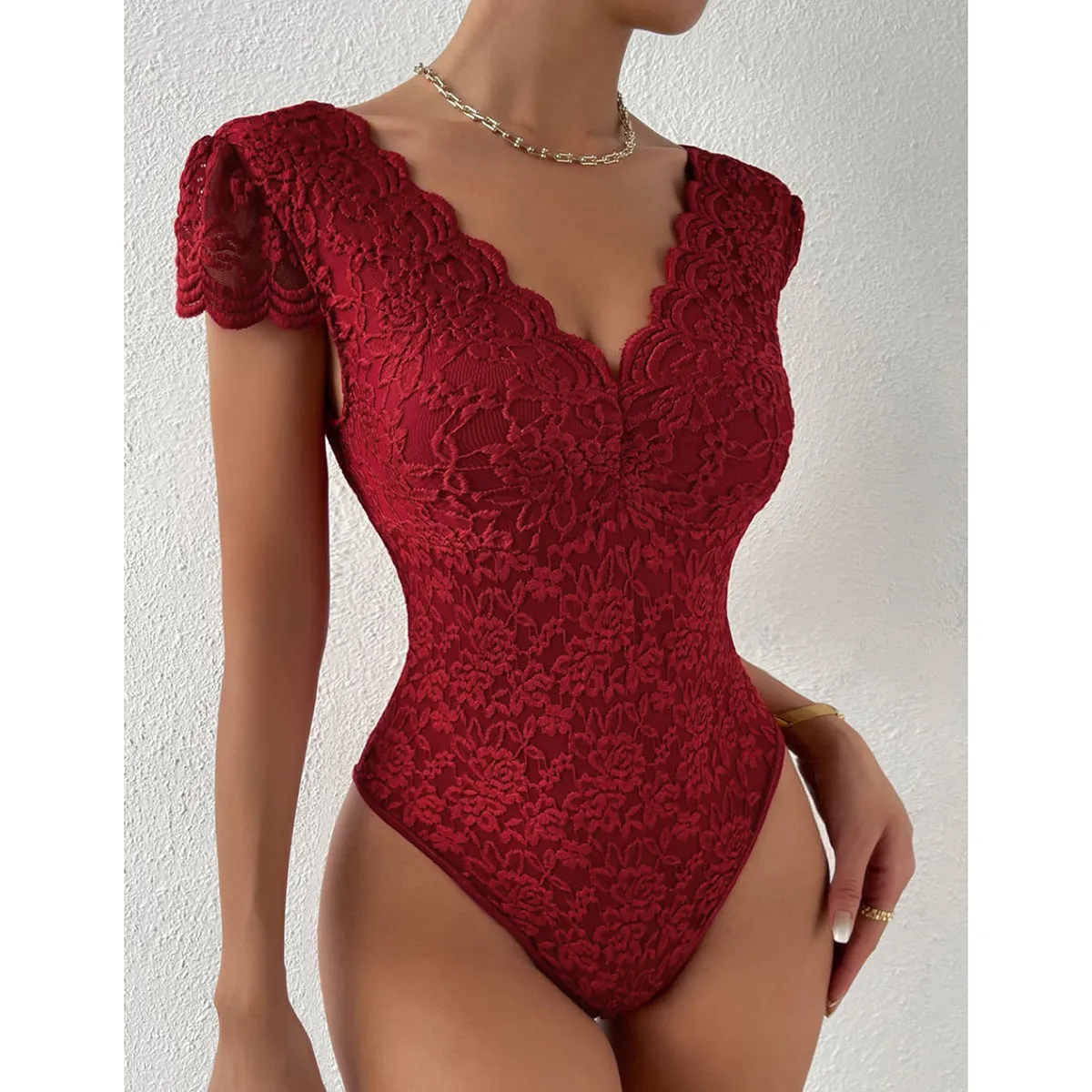 Lace Floral Sheer Deep V-Neck Backless Unique Design Long Sleeve Black Bodysuit