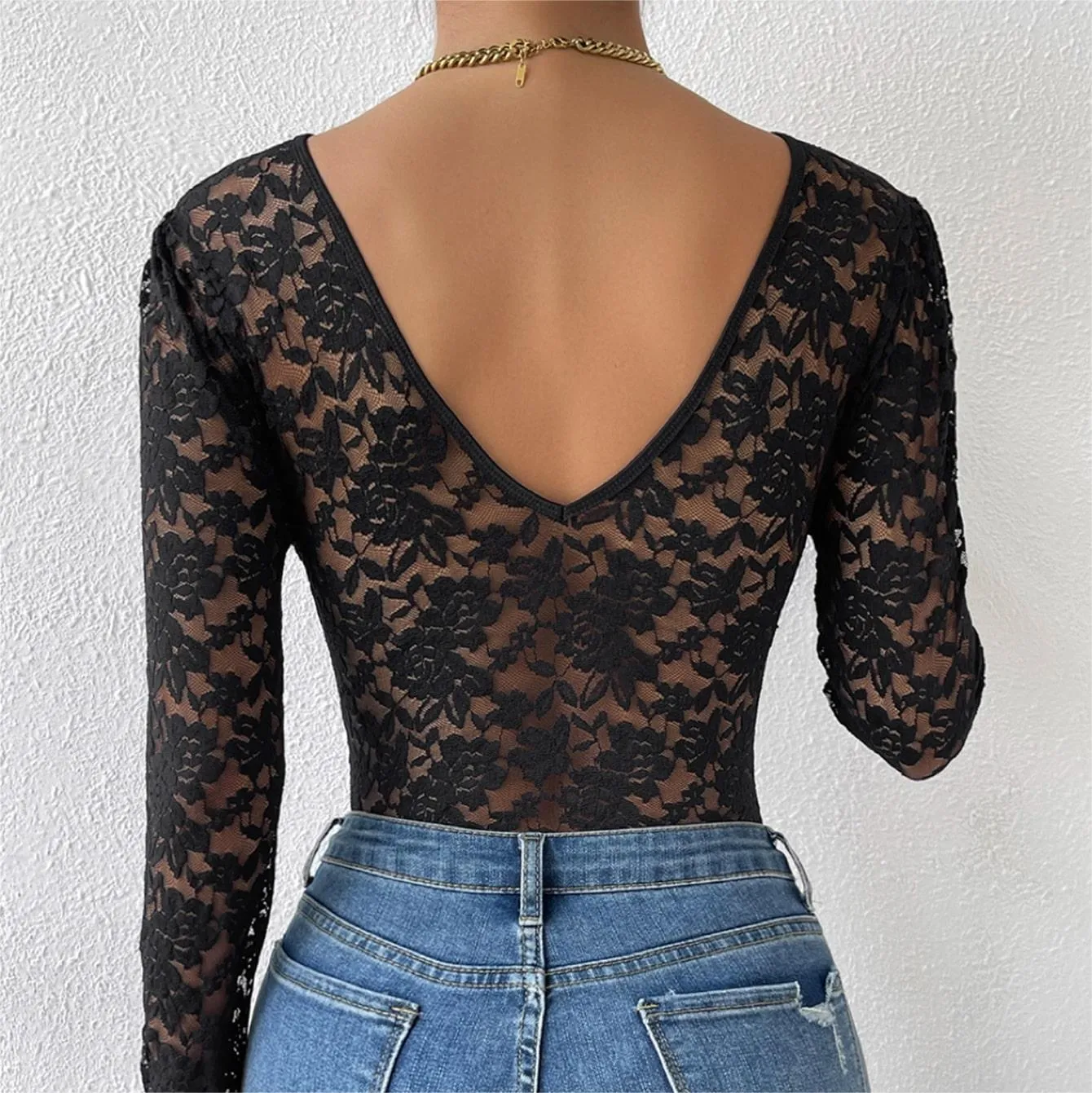 Lace Floral Sheer Deep V-Neck Backless Unique Design Long Sleeve Black Bodysuit