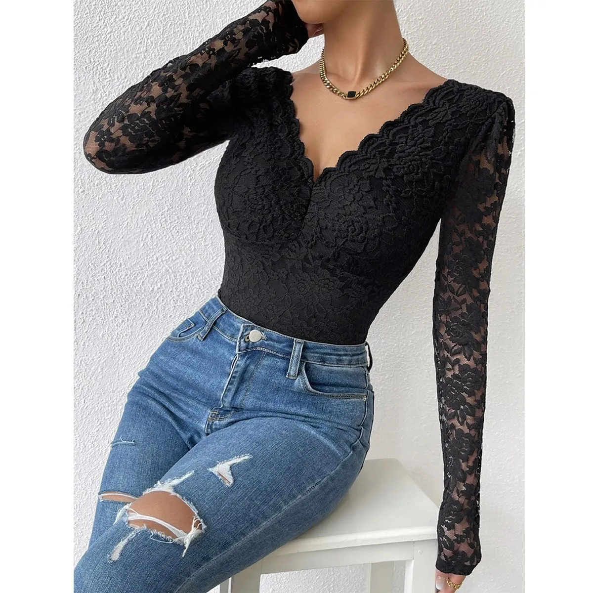 Lace Floral Sheer Deep V-Neck Backless Unique Design Long Sleeve Black Bodysuit