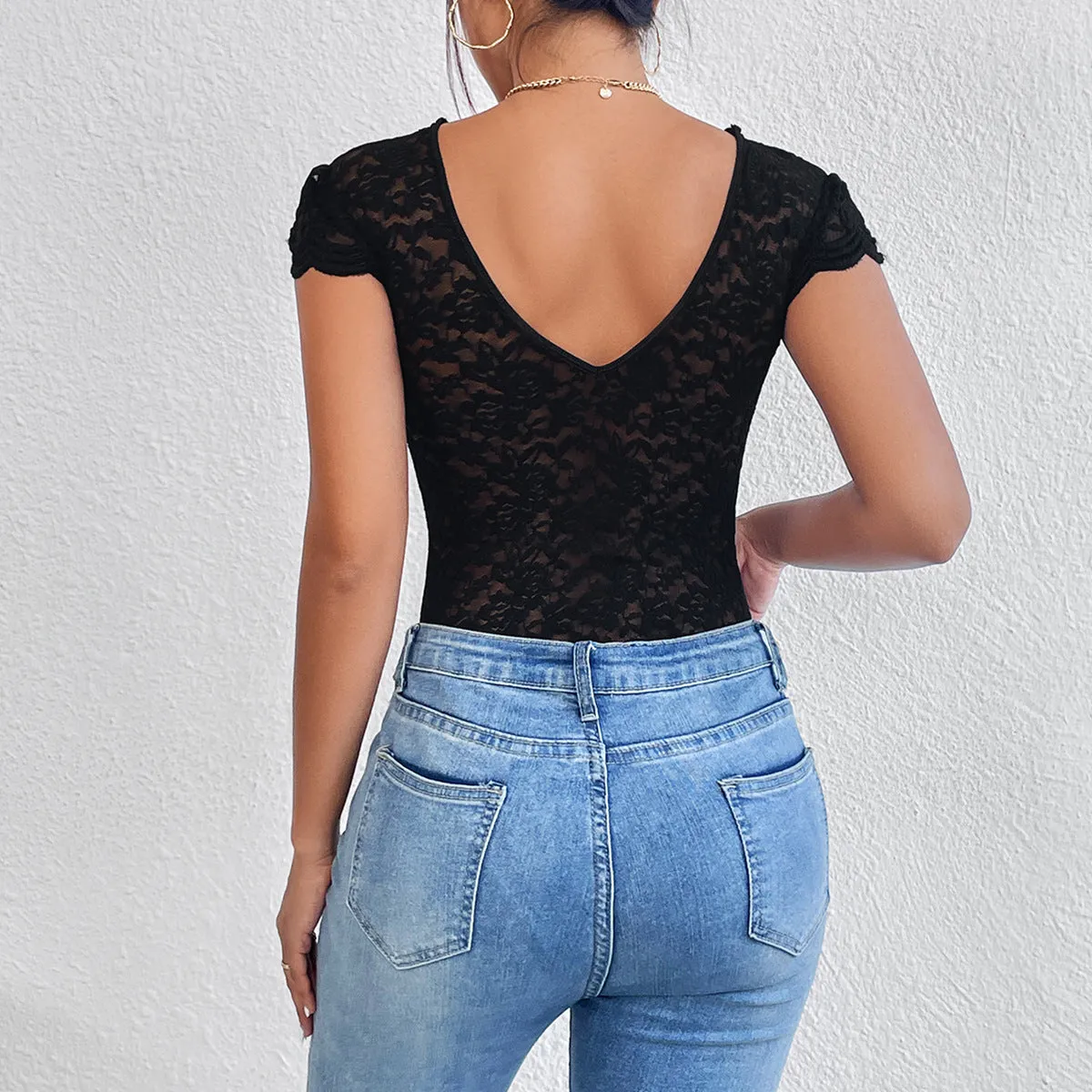 Lace Floral Sheer Deep V-Neck Backless Unique Design Long Sleeve Black Bodysuit