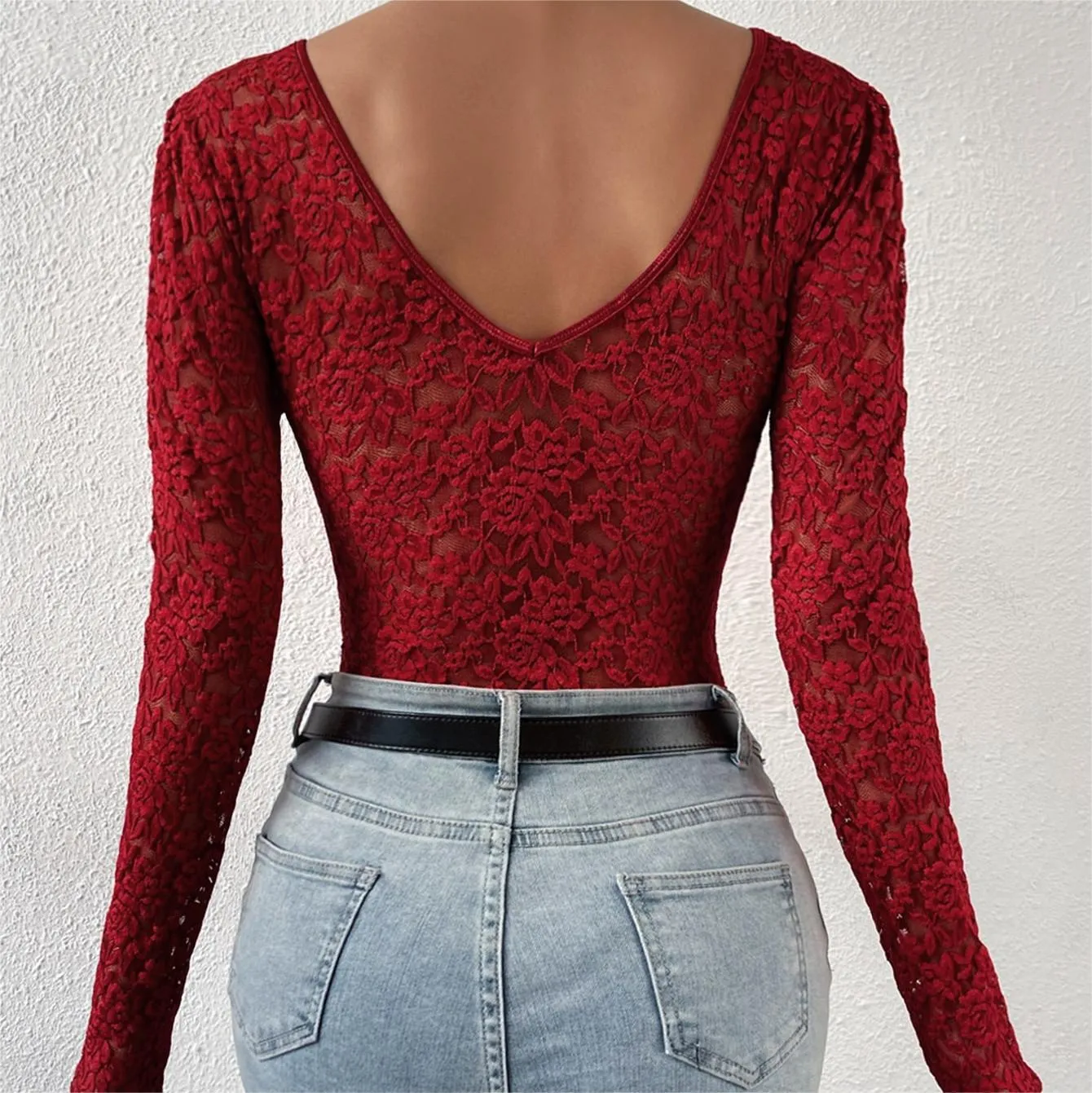 Lace Floral Sheer Deep V-Neck Backless Unique Design Long Sleeve Black Bodysuit