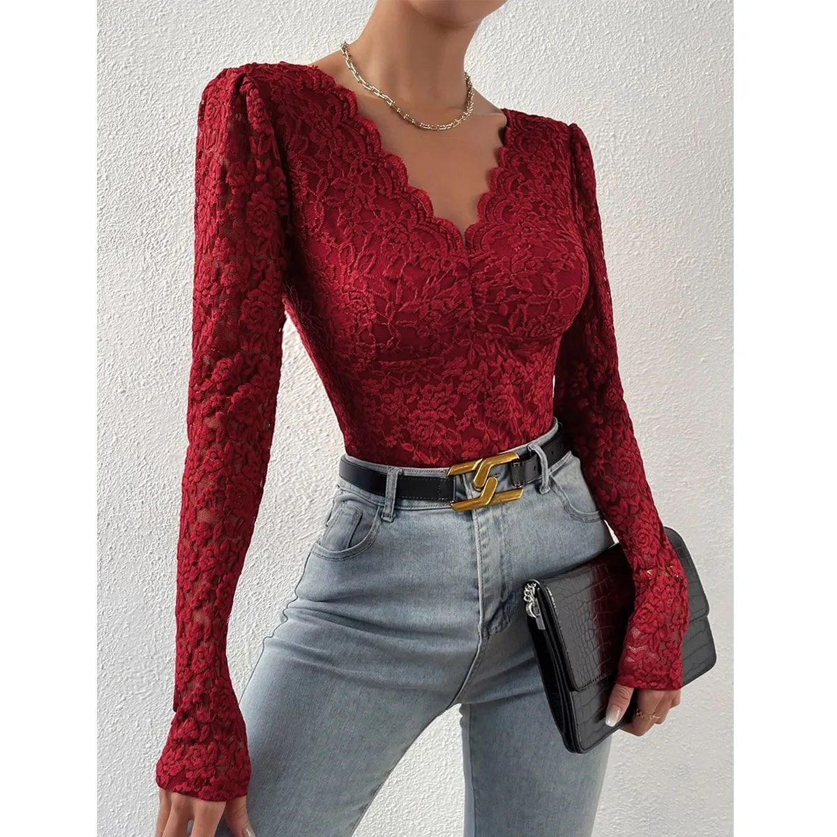 Lace Floral Sheer Deep V-Neck Backless Unique Design Long Sleeve Black Bodysuit
