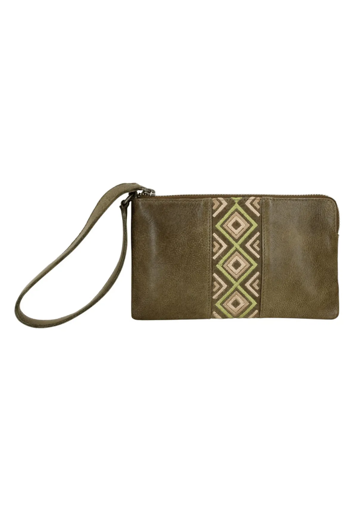 Leather Diamond Wristlet Handbag-Moss