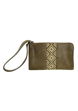 Leather Diamond Wristlet Handbag-Moss