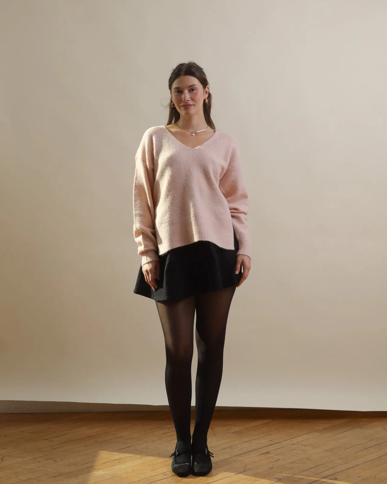 Light Pink Split Hem Balloon Sleeve V-Neck Sweater