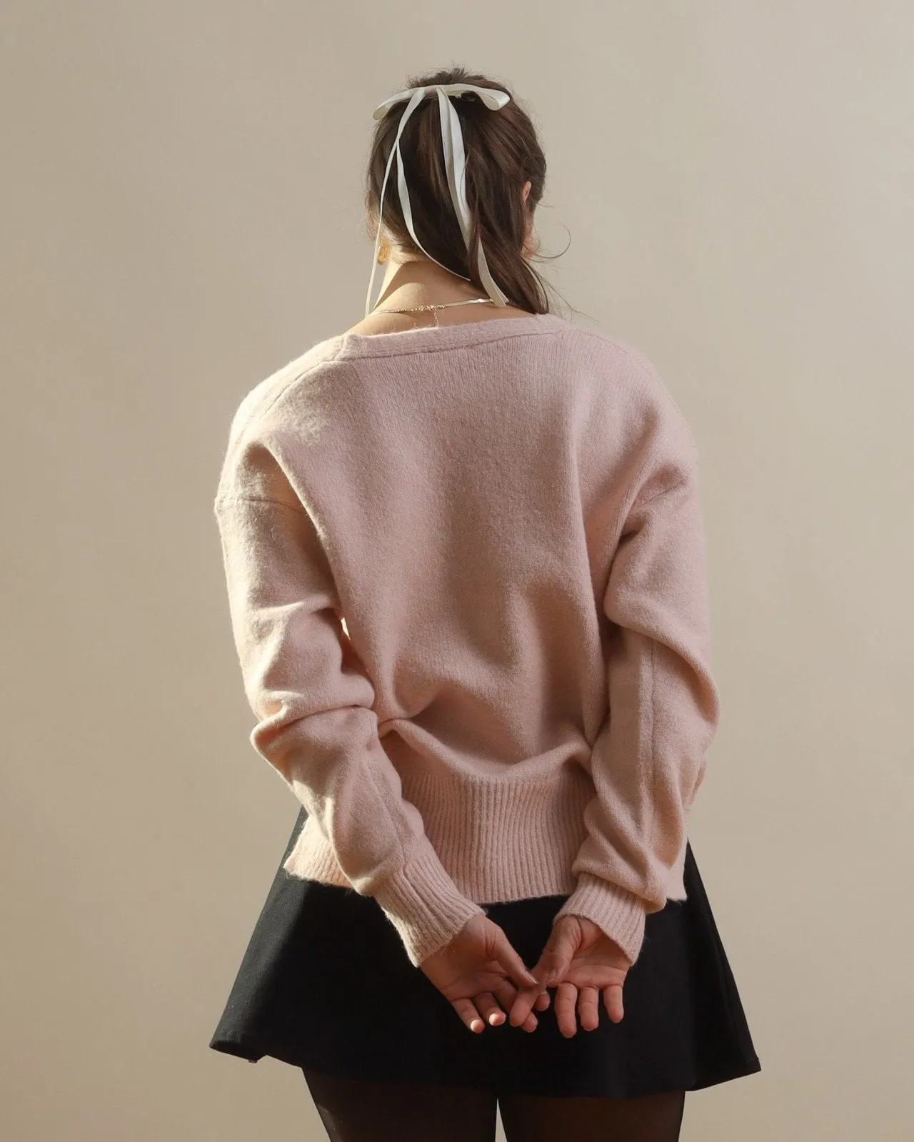 Light Pink Split Hem Balloon Sleeve V-Neck Sweater