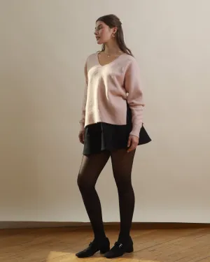 Light Pink Split Hem Balloon Sleeve V-Neck Sweater