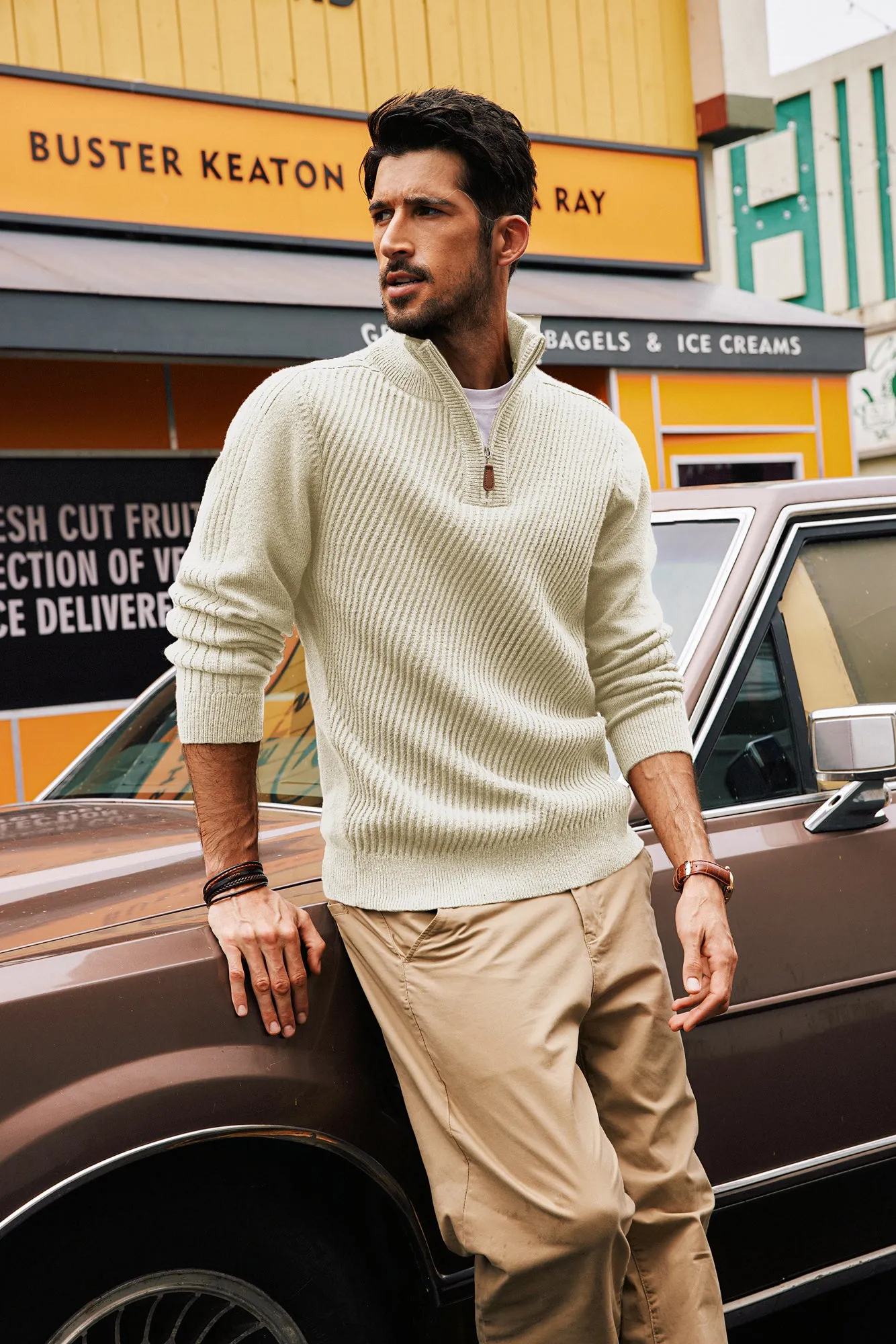 Men Stand Collar Sweater Long Sleeve Zip-up Neck Ribbed Cuff Pullover