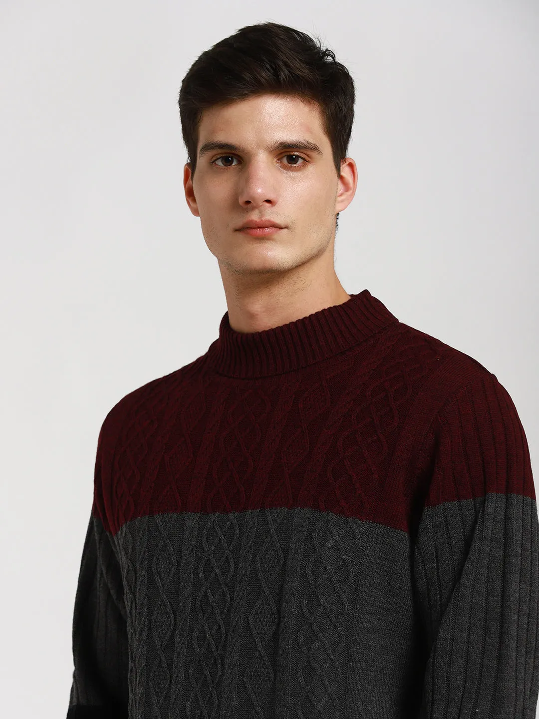 Men's Maroon Colorblock Round neck Pullover Sweater