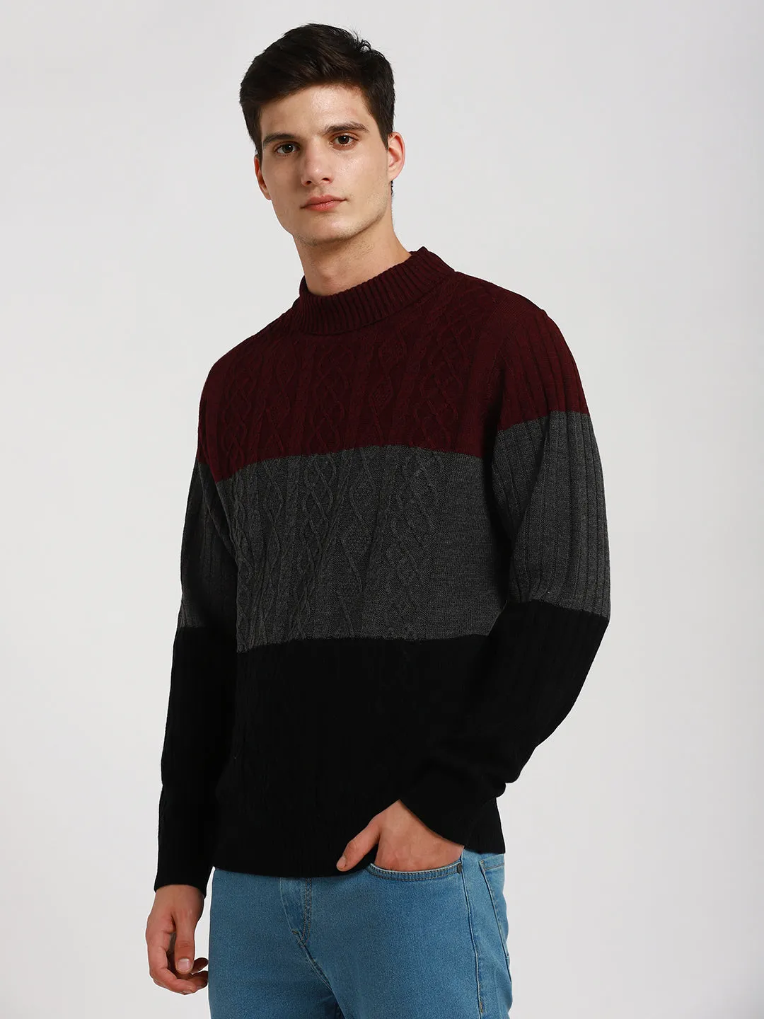 Men's Maroon Colorblock Round neck Pullover Sweater