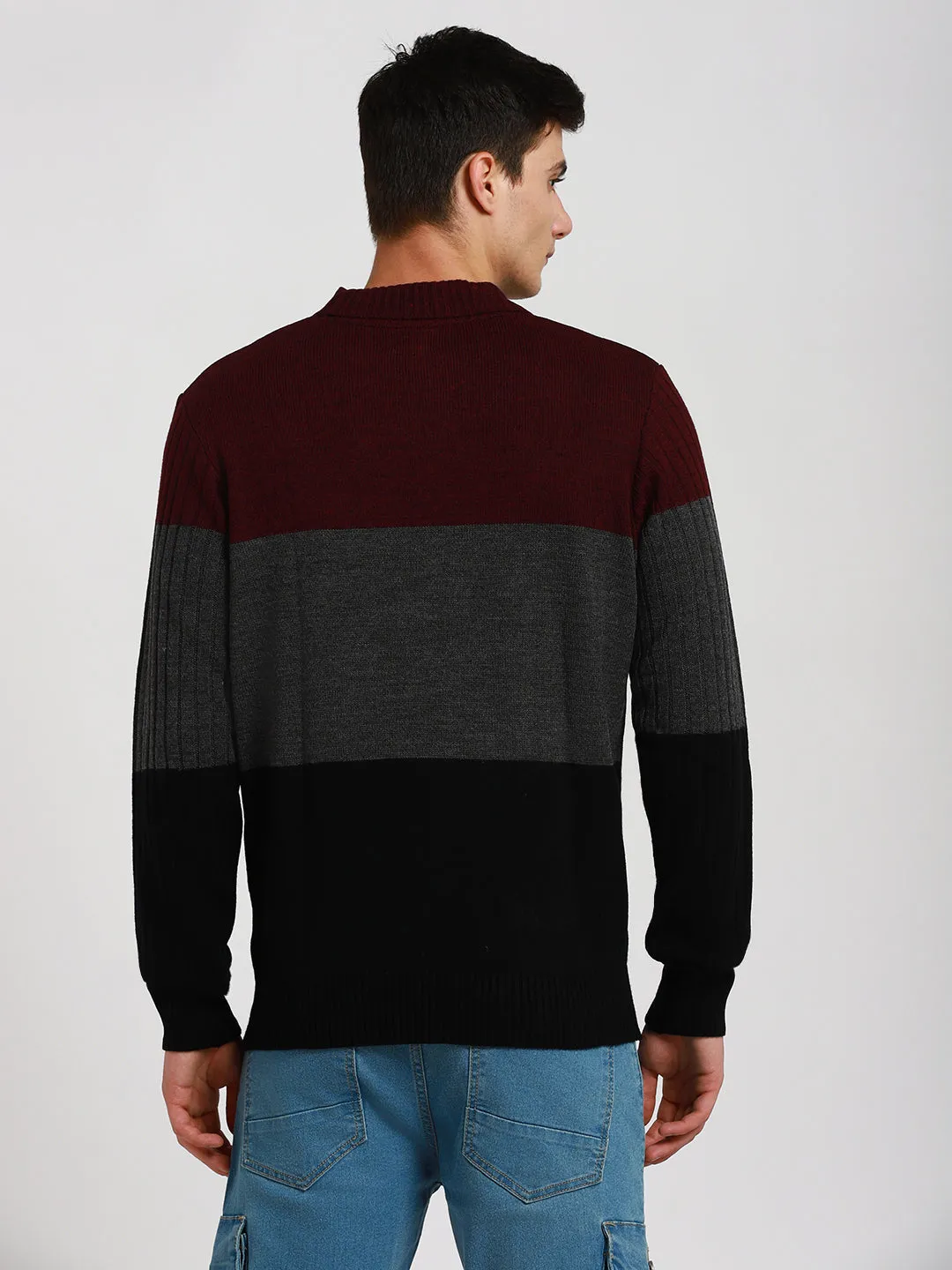 Men's Maroon Colorblock Round neck Pullover Sweater