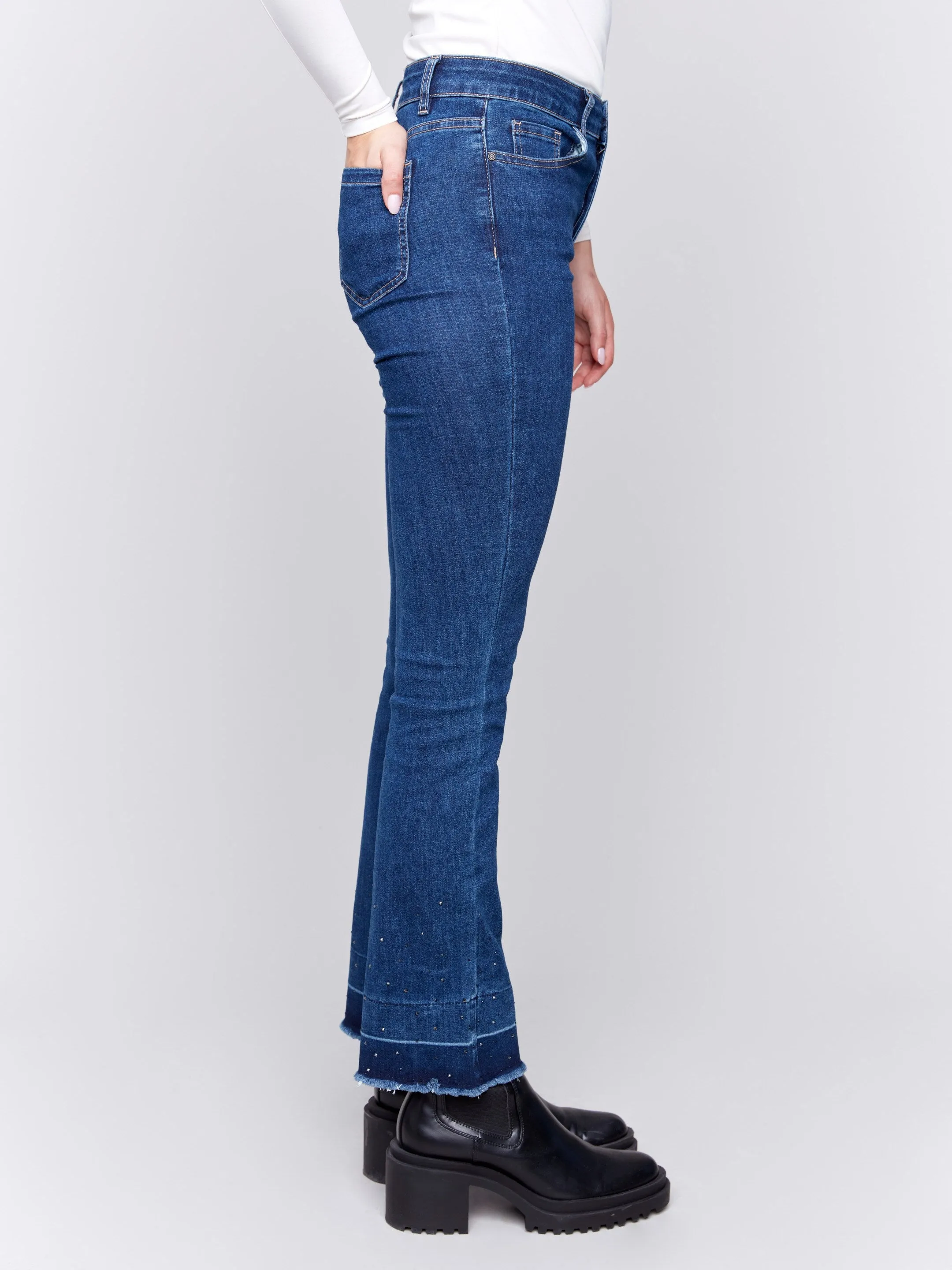 Ombre Hem Flare Jeans With Studs - Indigo