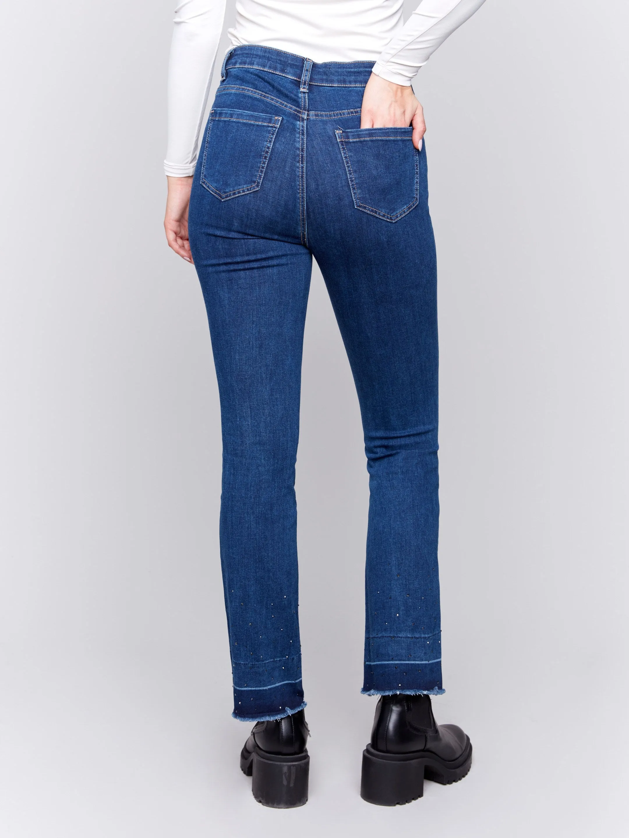 Ombre Hem Flare Jeans With Studs - Indigo