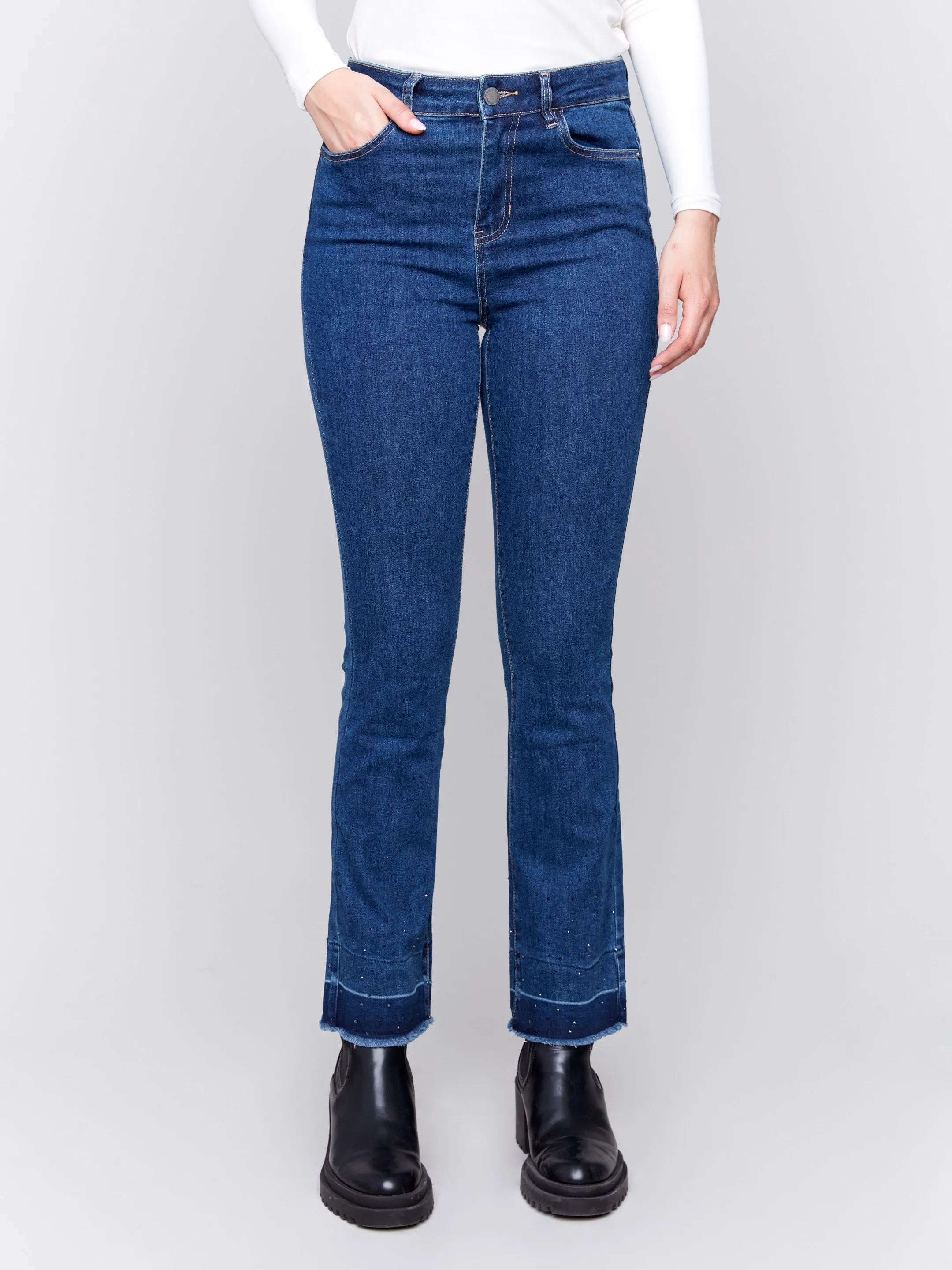 Ombre Hem Flare Jeans With Studs - Indigo