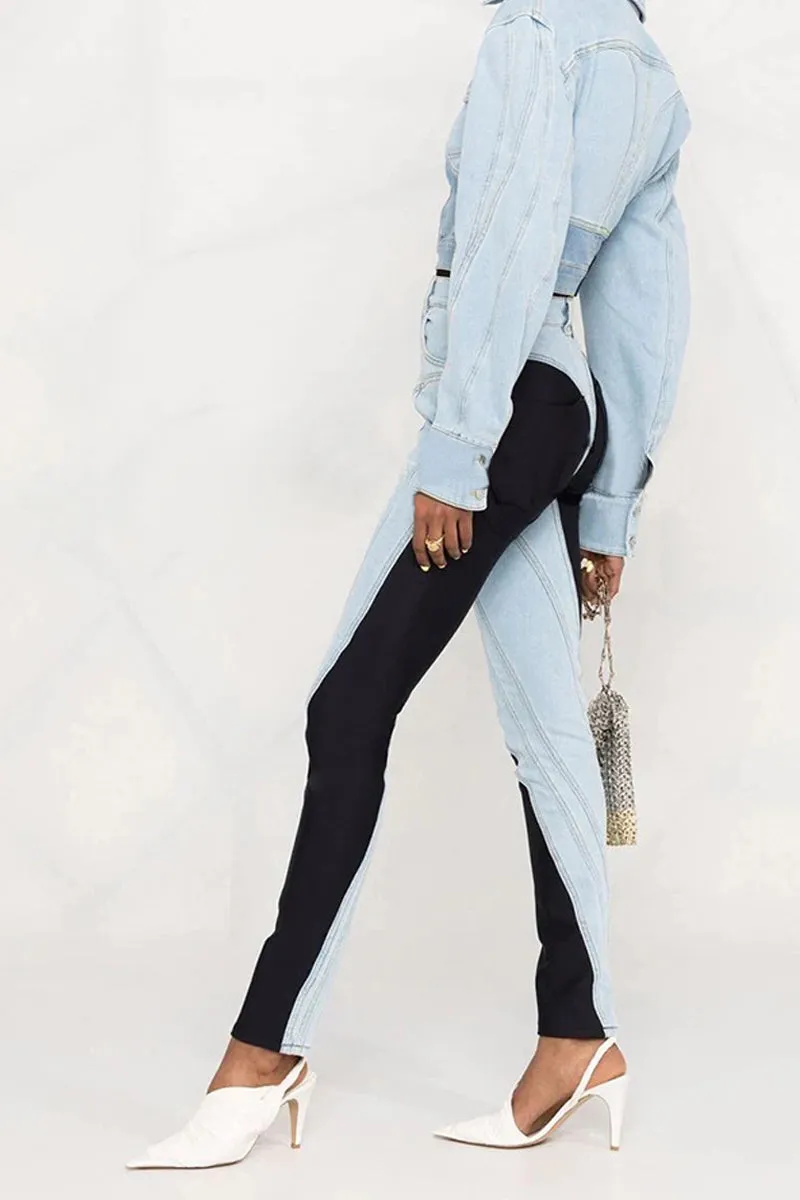 PD716 Patchwork Split-Hem Denim Pants