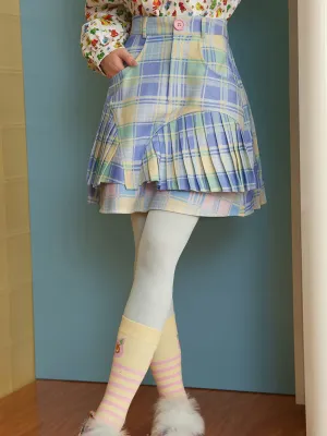 Plaid Splicing Asymmetrical Pleated Skirt