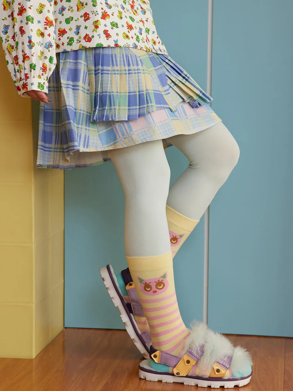 Plaid Splicing Asymmetrical Pleated Skirt
