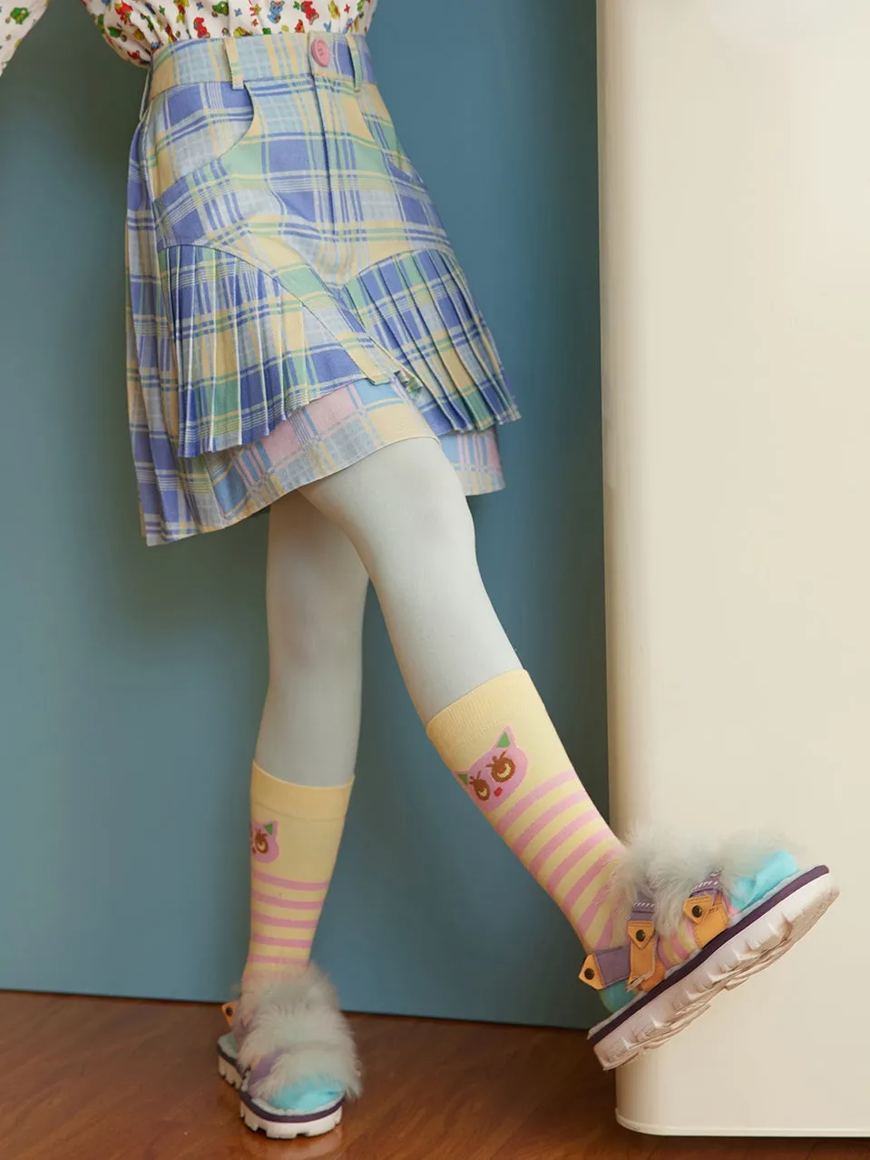 Plaid Splicing Asymmetrical Pleated Skirt