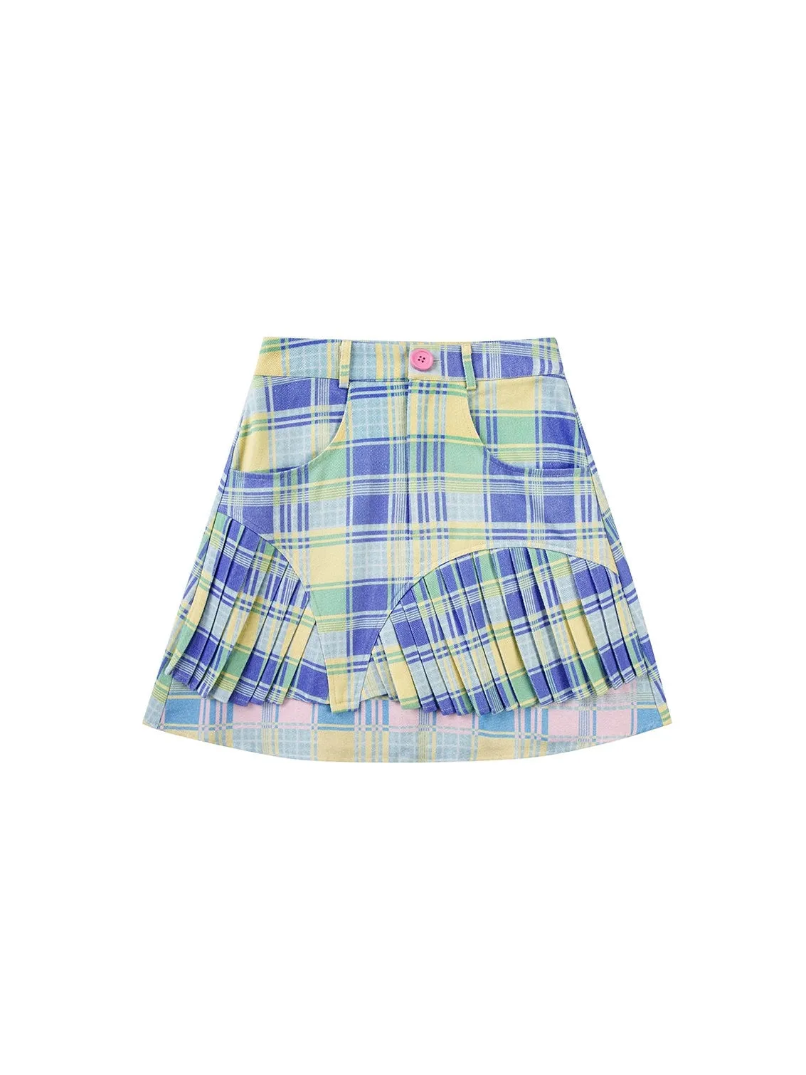 Plaid Splicing Asymmetrical Pleated Skirt