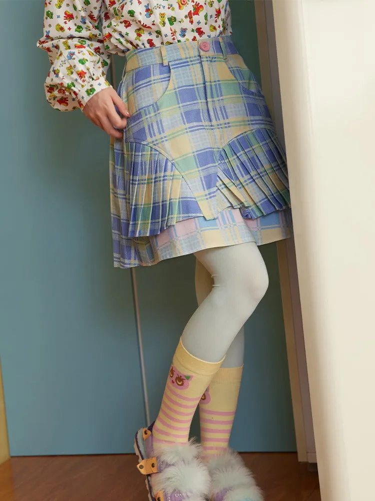 Plaid Splicing Asymmetrical Pleated Skirt
