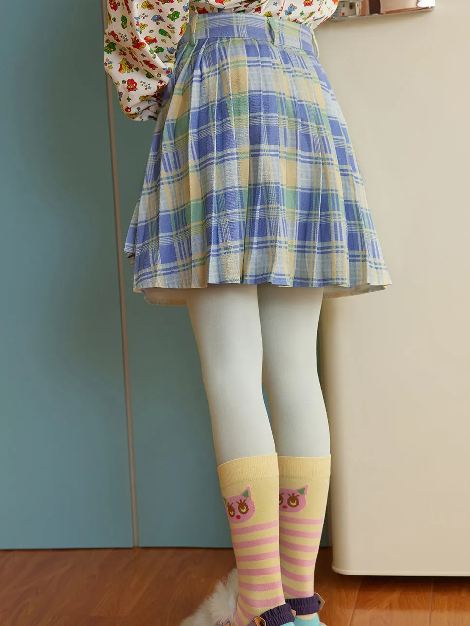 Plaid Splicing Asymmetrical Pleated Skirt