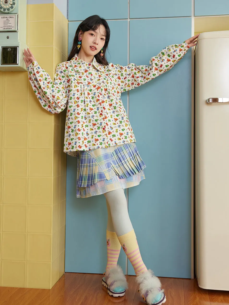 Plaid Splicing Asymmetrical Pleated Skirt