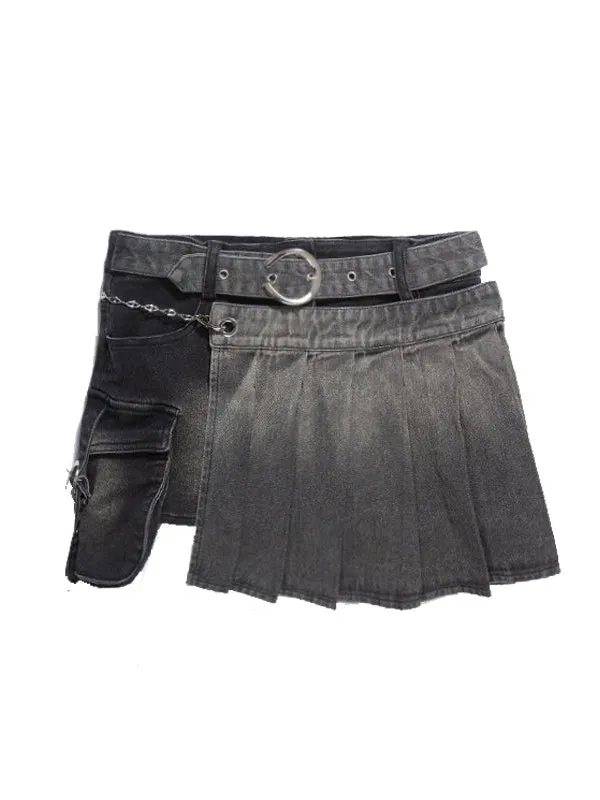 Punk Denim Pleated Skirt